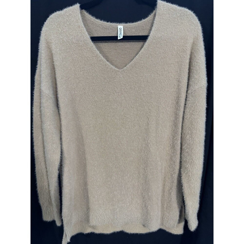 QIXING Womens Beige Solid Fuzzy Knit V-Neck Pullover Sweater Long Sleeve L